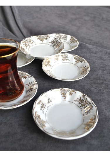 6 Adet Porselen Çay Tabağı Altın Yaldızlı Çay Tabak - Myra Gold