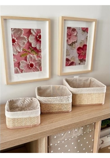 Akayev Beige Hasır 3lü Kare Sepet Beyaz