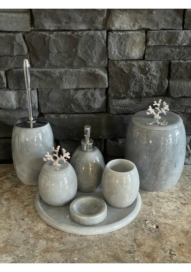 Gri Doğal Mermer Gümüş Mercan Aksesuarlı Oval 7,li Banyo Seti Beyaz