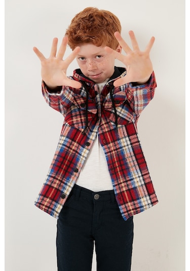 Lela Ekoseli Kapüşonlu Cepli Kışlık Oduncu Erkek Çocuk Gömlek Cf24W81779 Kırmızı