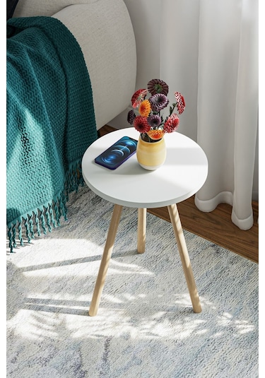 İntergo Yuvarlak Ahşap Ayaklı Tekli Zigon Yan Sehpa Beyaz