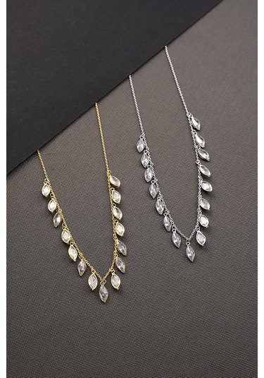 925 Ayar Gümüş Ful Mekik Zirkon Taş Sallantılı Kolye Altın