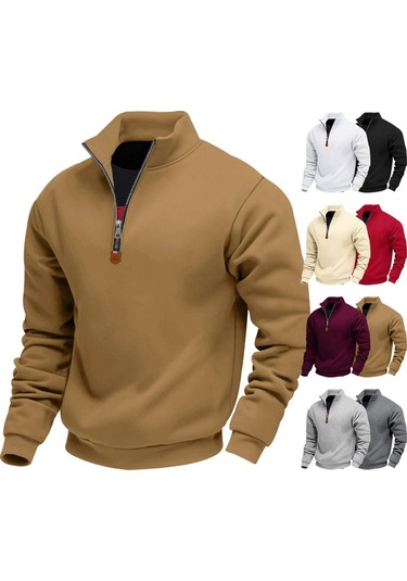 Edwardest Amerikan Tarzı Artı Kadife Sıcak Erkek Dik Yaka Uzun Kollu Yarım Fermuarlı Spor Gündelik Sweatshirt Kahverengi