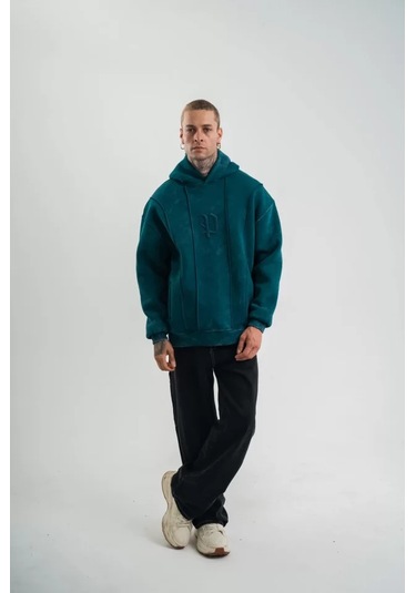 Unisex Uzun Kol Kapşonlu Yıkamalı Nakışlı Sweatshirt - Koyu Deniz Yeşili Anrasit