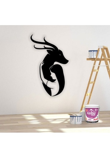 Siyah Ahşap Geyik Ve Kız 32cm X 50cm Tablo Duvar Dekoru 3mm Mdf Lazer Kesim