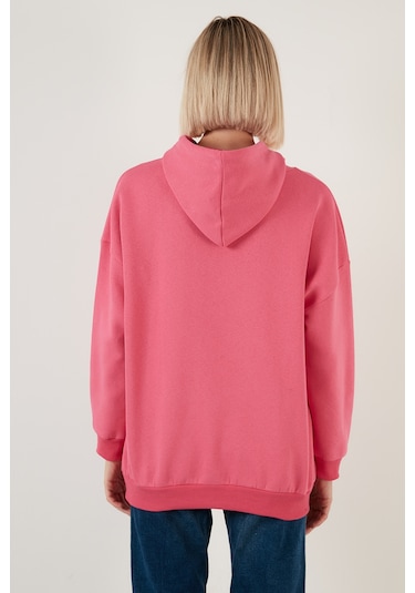 Lela Regular Fit Pamuklu Kapüşonlu Yaka Şardonlu Kışlık Bayan Sweat 5863854 Fuşya