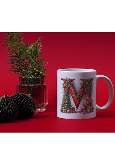 Yılbaşı Temalı M Harfli Kupa Bardak Yeni Yıl Konseptli Kişiye Özel İsme Özel Kupa Beyaz