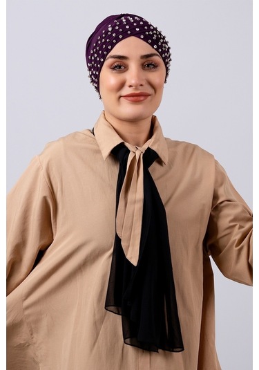 Mürdüm Pratik Hazır Geçmeli Tesettür Bone Sandy Kumaş Taşlı 1456_ Mürdüm