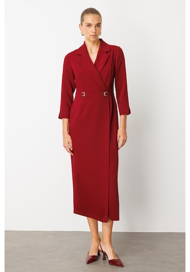 Moda İlgi Kadın Beli Aksesuarlı Cepli Kruvaze Elbise 6626 Bordo Bordo