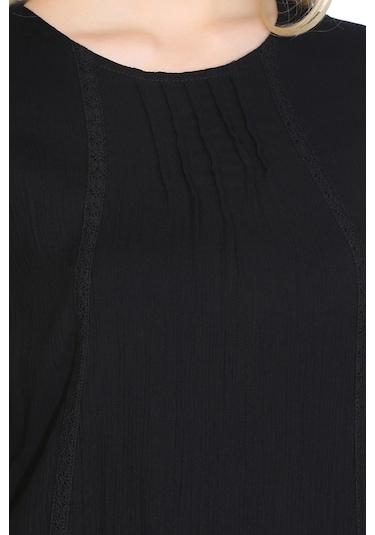 Uzun Kol Şile Bezi Nervürlü Uzun Elbise Siyah