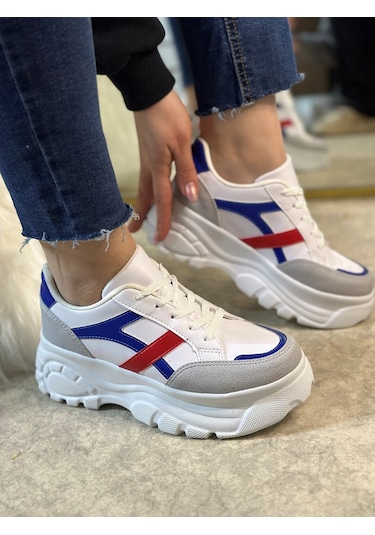 Günlük Kadın Sneaker Kalın Yüksek Taban Bağcıklı Rahat Tiger Şeritli Spor Ayakkabı 032 10-taş Saks Mavi Kırmızı