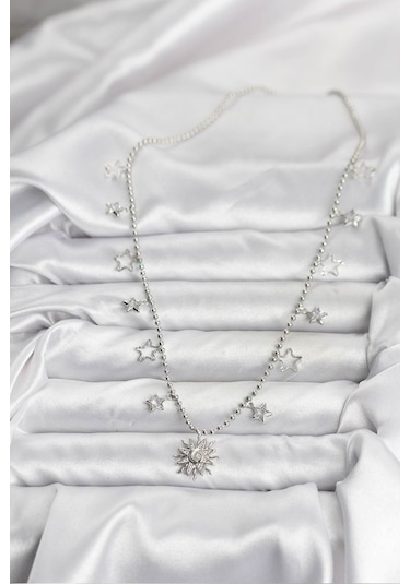 Pirinç Gümüş Renk Güneş Model Kadın Kolye Renkli