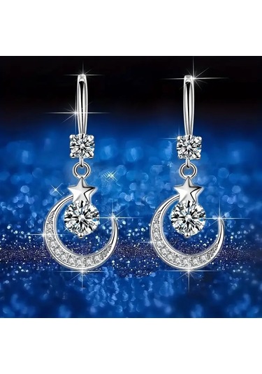 Parlak Taşlı Ay Ve Yıldız Temalı Sallanan Küpe Gümüş