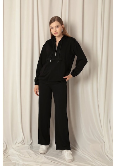 Saklımoda Modal Kumaş Fermuarlı Kadın Siyah Sweatli Takım Çok Renkli