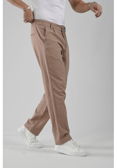 Baggy Fit Kalıp Pamuklu Keten Pantolon VİZON
