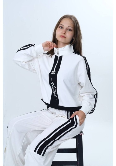 Kız Çocuk 2 İplik Yarım Fermuarlı Garnili Eşofman Takımı %100 Pamuk Rahat Kalıp-325 Ekru