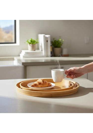 Mybru Yuvarlak Bambu Tepsi 2'li Set Ahşap