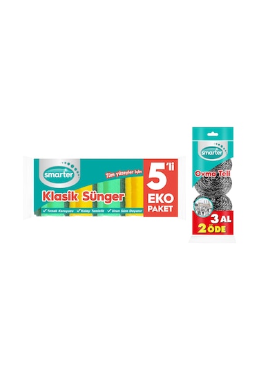 Smarter Klasik Bulaşık Süngeri 5'li + Ovma Teli 3'lü