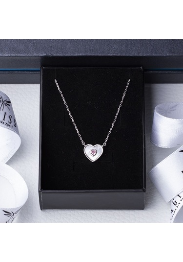 Kalp Model Sedef Pembe Zirkon Taşlı 925 Ayar Gümüş Kadın Kolye Gümüş - Rodyum