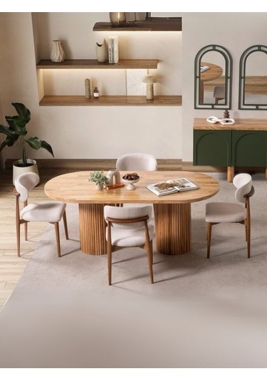 Sierra İskandinav Oval Natural Ahşap Bohem Masa 90x180 Natural Ayak - Natural Üst