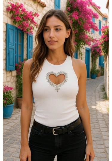 Reka Moda Kadın Kolsuz Kalp Dekolteli Taş Detaylı Kaşkorse Bluz Beyaz