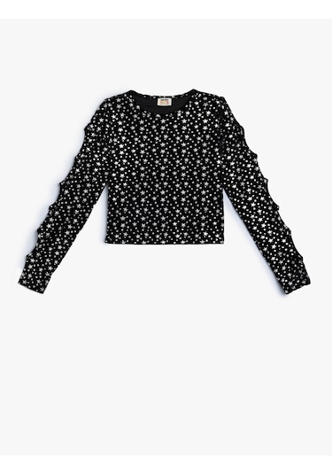 Koton Crop Bluz Uzun Kollu Pencere Detaylı Yuvarlak Yaka Siyah Desenli 5wkg60035ak Siyah