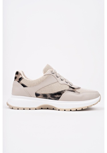 Muggo Melody Kadın Kalın Taban Günlük Leopar Desenli Bağcıklı Sneaker Spor Ayakkabı Ten