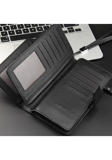Baellerry Casual Cüzdan Uzun Debriyaj Üç Katlı Cüzdan Erkekler İçin Çok Fonksiyonlu Telefon Çantası Siyah