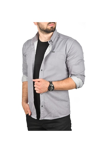 Deepsea Erkek Gri Dar Kesim Çıt Çıt Düğmeli Pamuklu Kot Gömlek Likralı Spor Gömlek 2300412 Gri