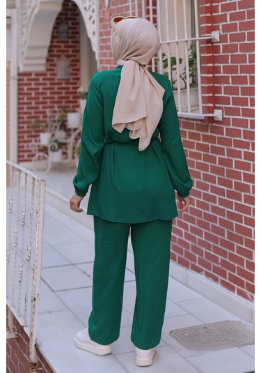 Hakim Yaka Detaylı Tesettür Yeşil Takım Yeşil