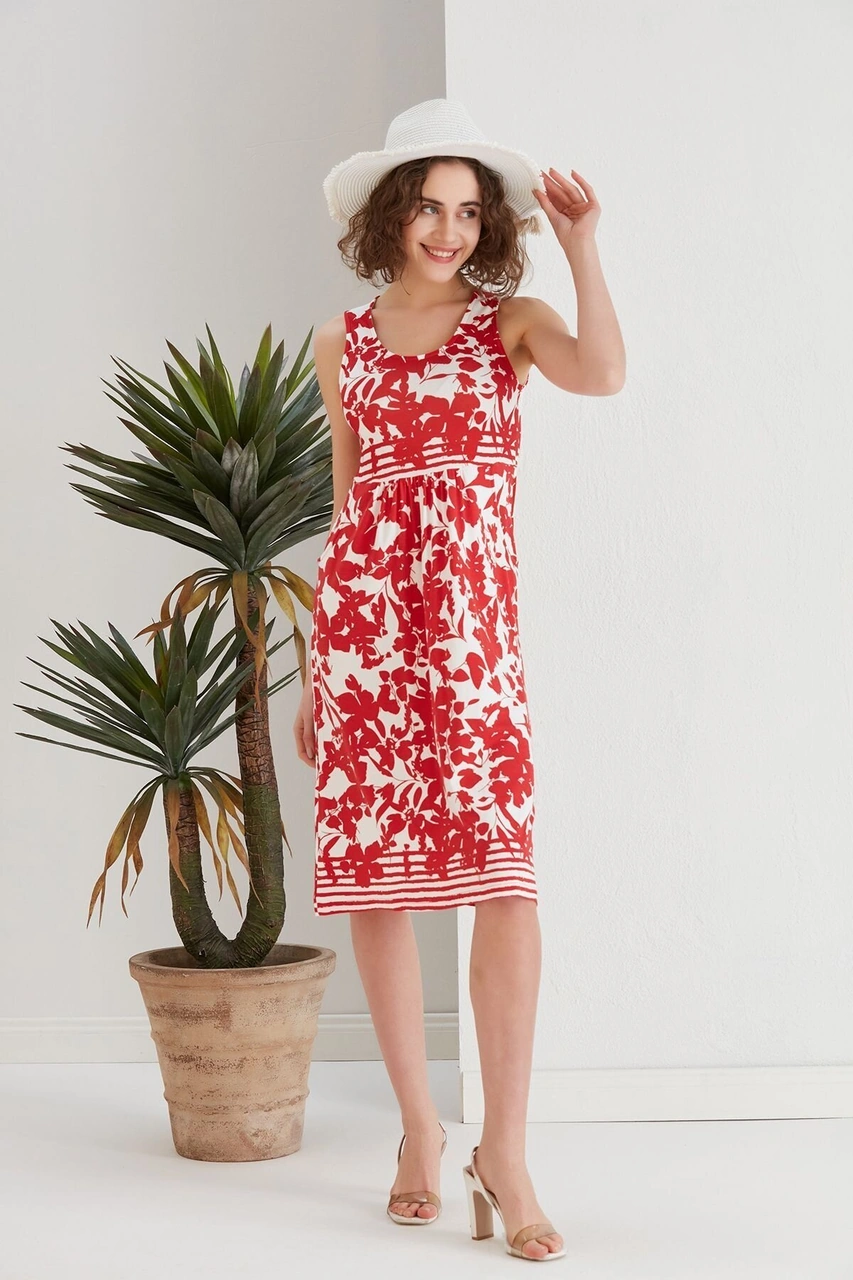 Kadın Kırmızı Çiçekli Cepli Spor Şık Kolsuz Viskon Curve Büyük Beden Günlük Elbise Beyaz