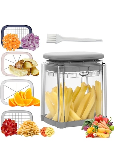 Dashanshop 1 Set 4 Dilimli Sebze Doğrayıcı Gray Plus Brush Paslanmaz Çelik Bıçaklı Ev Mutfak Aleti Patates Soğan Meyve Sebze Kesme 1 Parça