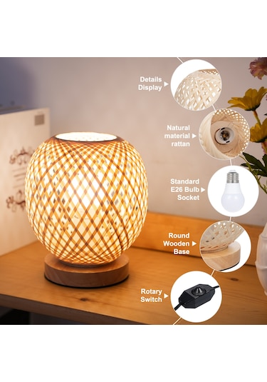 Neoglint Kahverengi Başucu Lambası Yatak Odası Rahat Bambu Dokuma Lamba Diğer