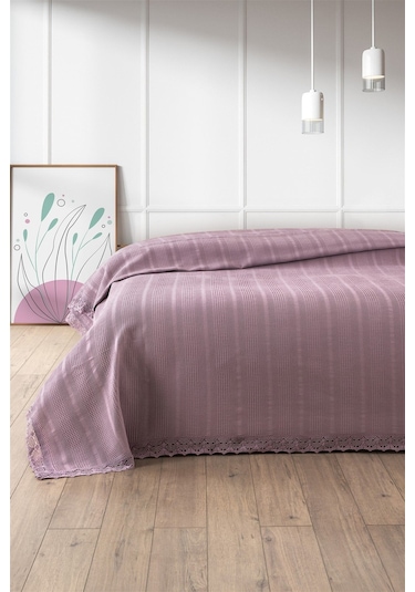 %100 Pamuk Çift Kişilik Kopanaki Dantelli Waffle Pike 210x230 Cm-lila Lıla Lila