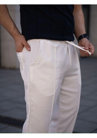 Erkek Keten Cepli Çıma Dikişli Jogger Buggy Pantalon Rahat Kalıp - Beyaz Beyaz
