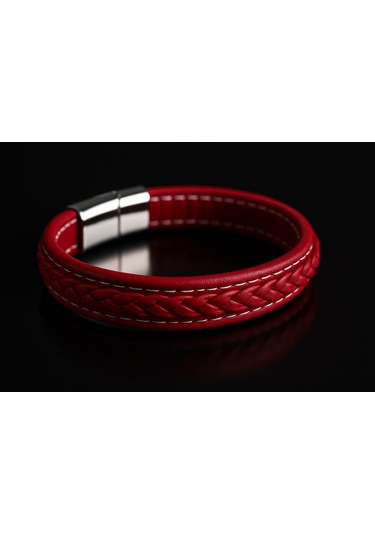Paslanmaz Çelik Manyetik Klipsli Kırmızı Örgülü Deri Erkek Bileklik Gümüş - Kırmızı