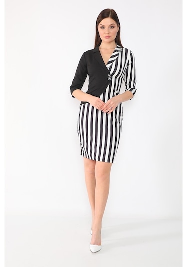 Etselements Truvakar Kol Çizgili Kruvaze Ve Düğmeli Ofis Elbisesi