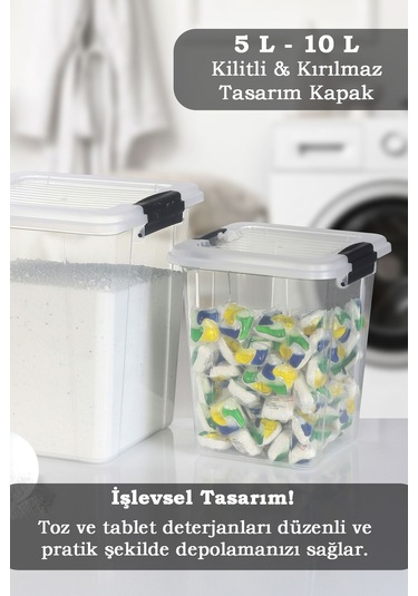 2'li Set 5-10l Kilit Kapak Saklama Kutusu Deterjanlık - Un Bakliyat Erzak Saklama Kabı Organizer Box Şeffaf