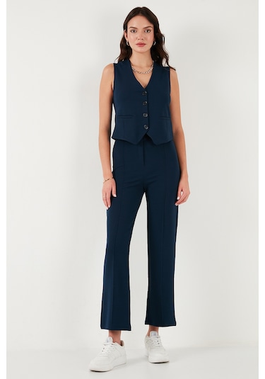 Lela Streç Fitted Fit V Yaka Düğmeli Bayan Yelek 5865971 Lacivert