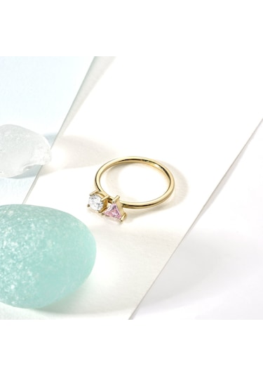 14 Ayar Altın Kaplama Yuvarlak Ve Damla Renkli Taşlı Yüzük - Rs00112 Altın