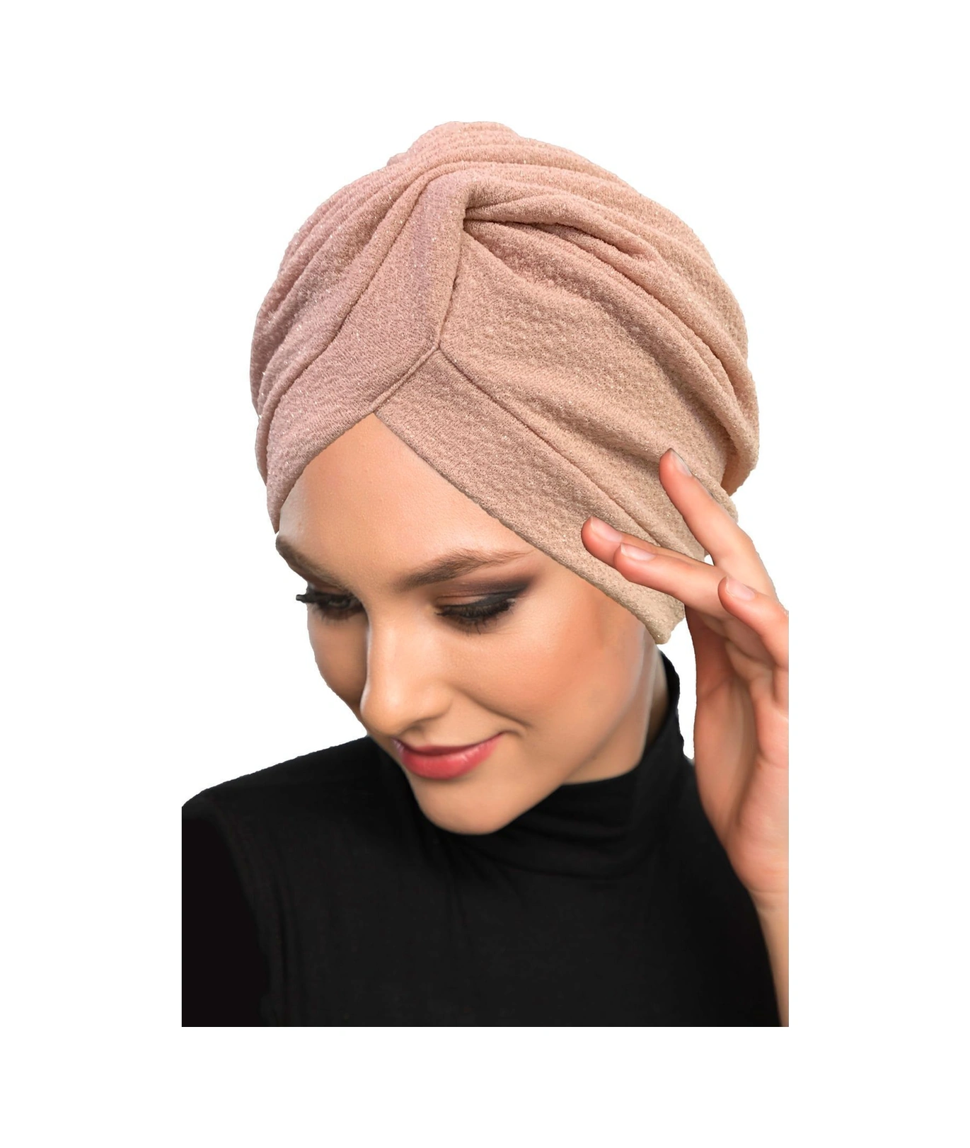 Çapraz Fukuro Simli Astarlı Pudra Hazır Türban Tesettür Abiye Bone Pudra