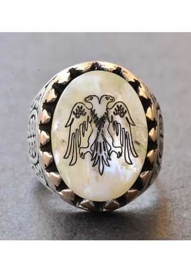 Erkekler İçin Sterlin Gümüş Yüzük - Doğal İnci Taşı Ve Çift Başlı Kartal Tasarımı Gümüş