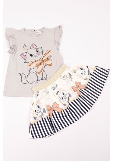 Kız Çocuk Takım Etekli Kedi Baskılı Kol Detaylı A66 Gri