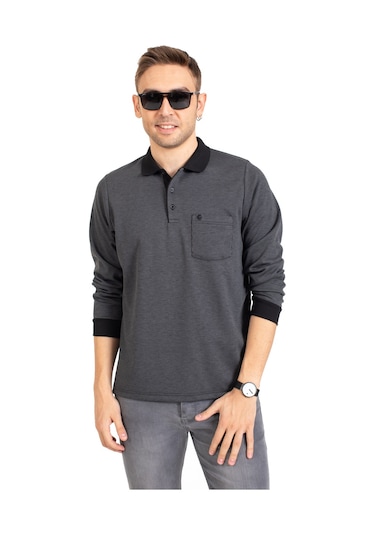 Erkek Orta Yaş ve Üzeri Polo Yaka Cepli Uzun Kollu Fitilli Mevsimlik Sweatshirt 1219-Füme-Füme