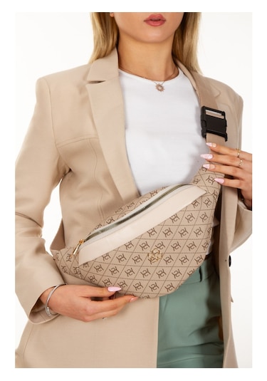 Newish Polo Kadın Desenli Çapraz Omuz Askılı Bel Omuz Çanta Bej