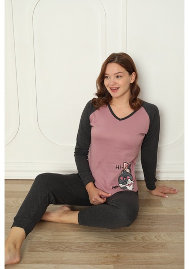 Fawn 04-3024 İnterlok Kumaş Minnoş Kedili Kışlık Ev Kadın Pijama Takımı Koyu Lila