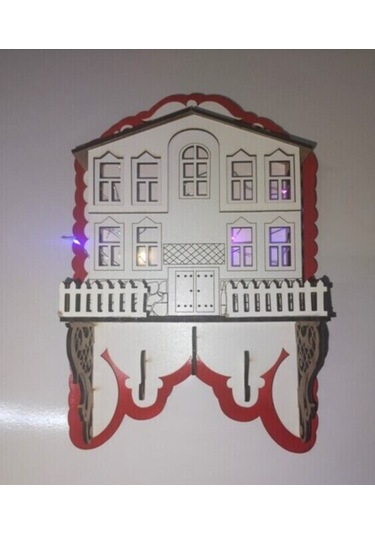 Işıklı Dekoratif Ahşap Ev Model Duvar Anahtarlık Askılık Beyaz - Kırmızı