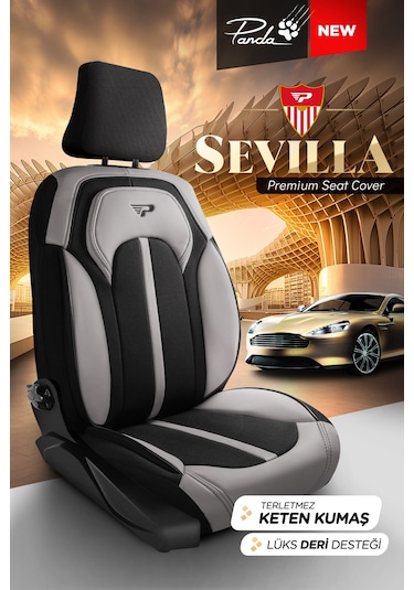 Siyah - Gri Garni Panda Sevılla Serısı Keten Kumaş Oto Koltuk Kılıfı - Tam Set
