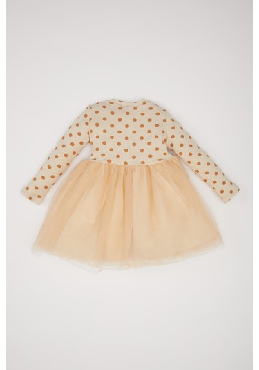 DeFacto Kız Bebek Çiçekli Uzun Kollu Tül Elbise D9573A525SPBG360 Bej