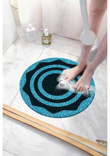 Yuvarlak Banyo Paspası Kaymaz Taban Yumuşak Esnek Paspas Islak Zemin Hijyenik Paspas 50x50 Cm Mavi